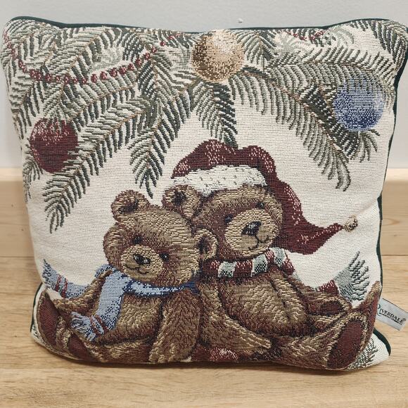 Vtg Christmas Tapestry Throw Pillow Teddy Bears Pine Tree Ornament 16” Riverdale - Picture 1 of 5
